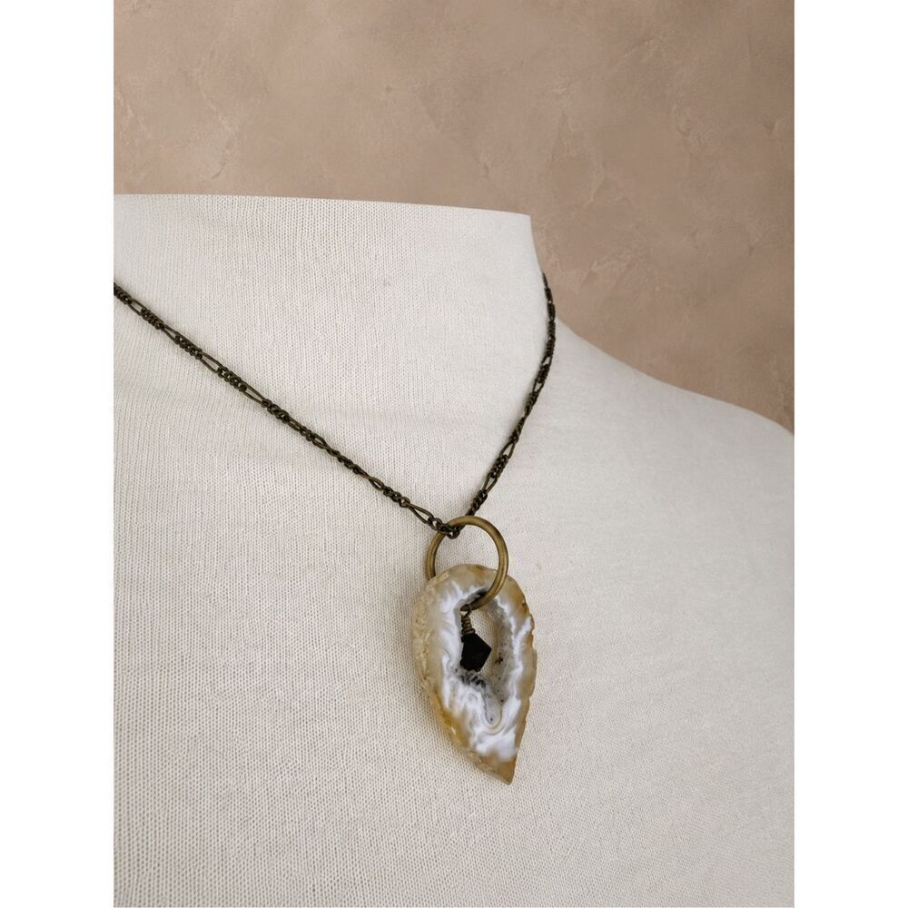 Vintage Agate Slice Pendant Necklace Teardrop Druzy Boho Statement 15”